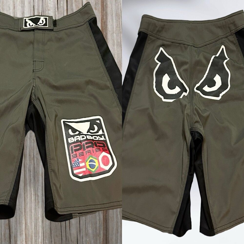 Bad Boy Men’s Olive Green Athletic Fight Shorts with Black Panels L 34